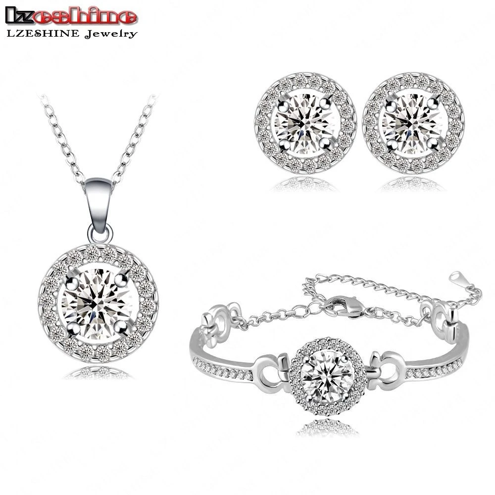 LZESHINE Bridal Jewelry Set Silver Plate Micro Inlay Cubic Zircon Pendant/Bracelet/Earrings Jewelry 3pcs/Sets Aretes CST0001