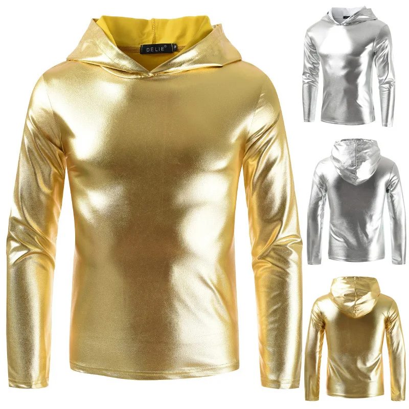 

Men New Long sleeve Slim Shiny Gold Silver Coated Hooded tshirt Fashion Hip-hop nightclub stage performance T-shirt Tee top