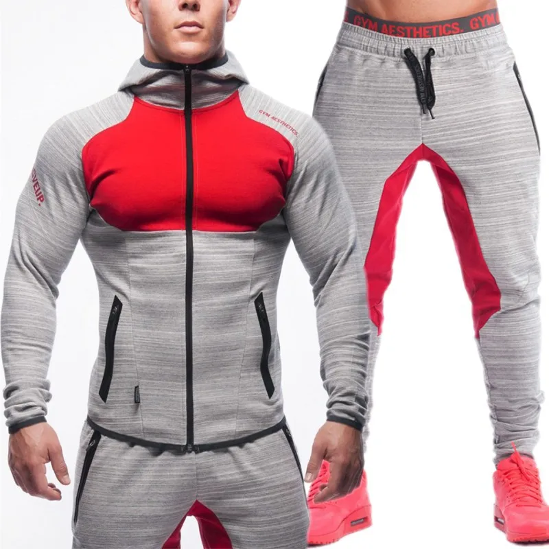 Модные спортивные костюм Для мужчин Лоскутные толстовки комплекты Для мужчин s толстовка куртка + Штаны тренажерные залы из двух частей