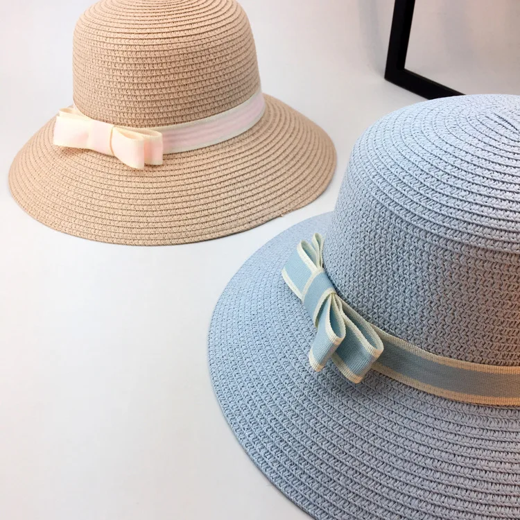

10pcs/lot 01905-duxiao3499 new summer solid bowknot bucket hat women holiday straw cap wholesale