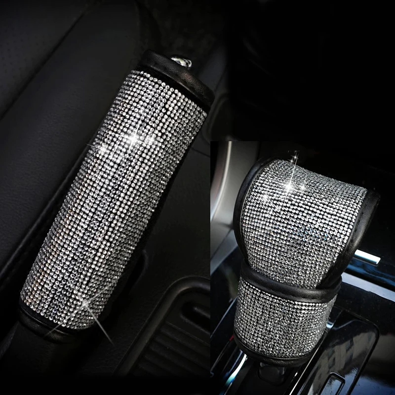 

2Pcs/Set Crystal Diamond Car Handbrake Cover Gear Shifter Knob Cover Auto Shiny Hand Brake Cover Car Accessories for Girls