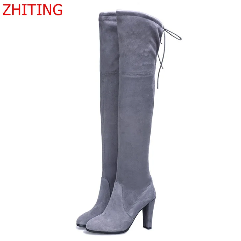 

Real Sheepskin Boots Fashion Over The Knee Boots 2015 Gray Boots For Women Winter Boots Casual Knight Boots Heels Big Size 34-43