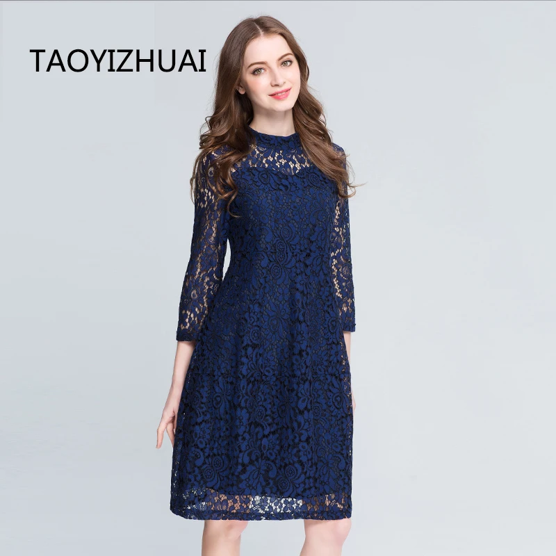 TAOYIZHUAI, кружевное платье для женщин, плюс размер, L-5XL, уличное, на молнии, темно-синее, с вырезом, модное,, осеннее платье, 16050