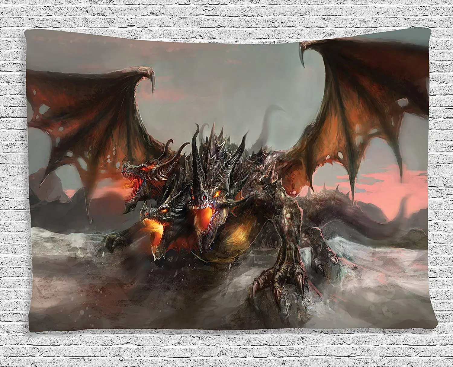 Сказочный мир Декор гобелен иллюстрация три головы огненный дыхательный Дракон большой Монстр Готическая тема настенный