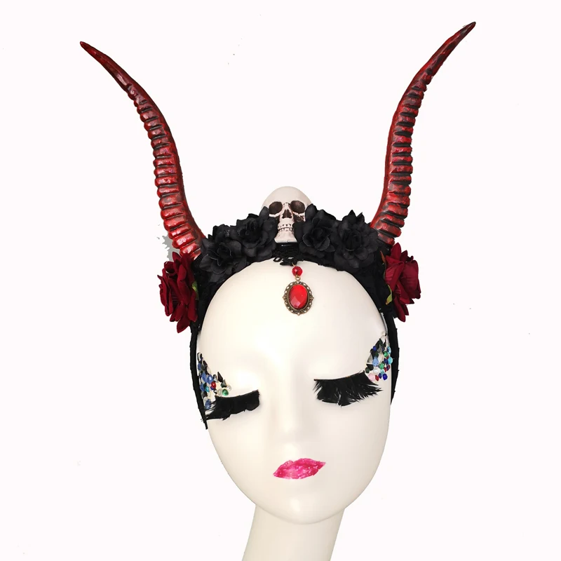 

Handmade Red Antelope Horn Headdress Cosplay Gothic Skeleton Skull Flowers Headband Props Steampunk Party Festival Halloween