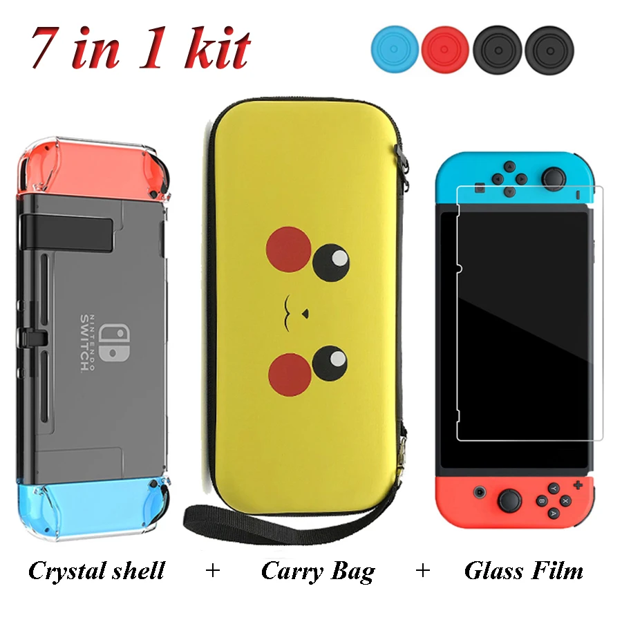 

Nintend Switch Accessories Travel Carrying Bag & Tempered Glass Film & Crystal Hard Case & 4 Analog Caps for Nintendo Switch NS
