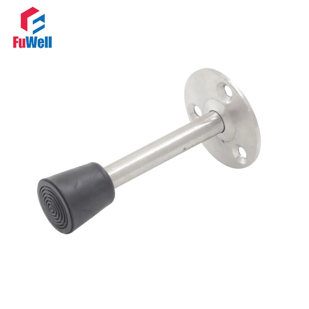 2pcs Stainless Steel Sliver Wall Mounted Door Stop 90mm Rubber Holder