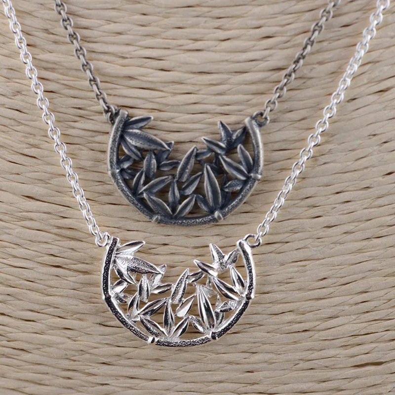 

Genuine Silver 925 Jewelry Bamboo Leaves Pendant Necklace For Women Antique Retro Type Pendant Charm Ametist