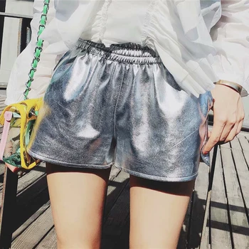 

2018 New PU Silve Leather Shorts Women Black High Quality Short Pant Women's Sexy Loose Casual Solid Pants pantalon corto mujer