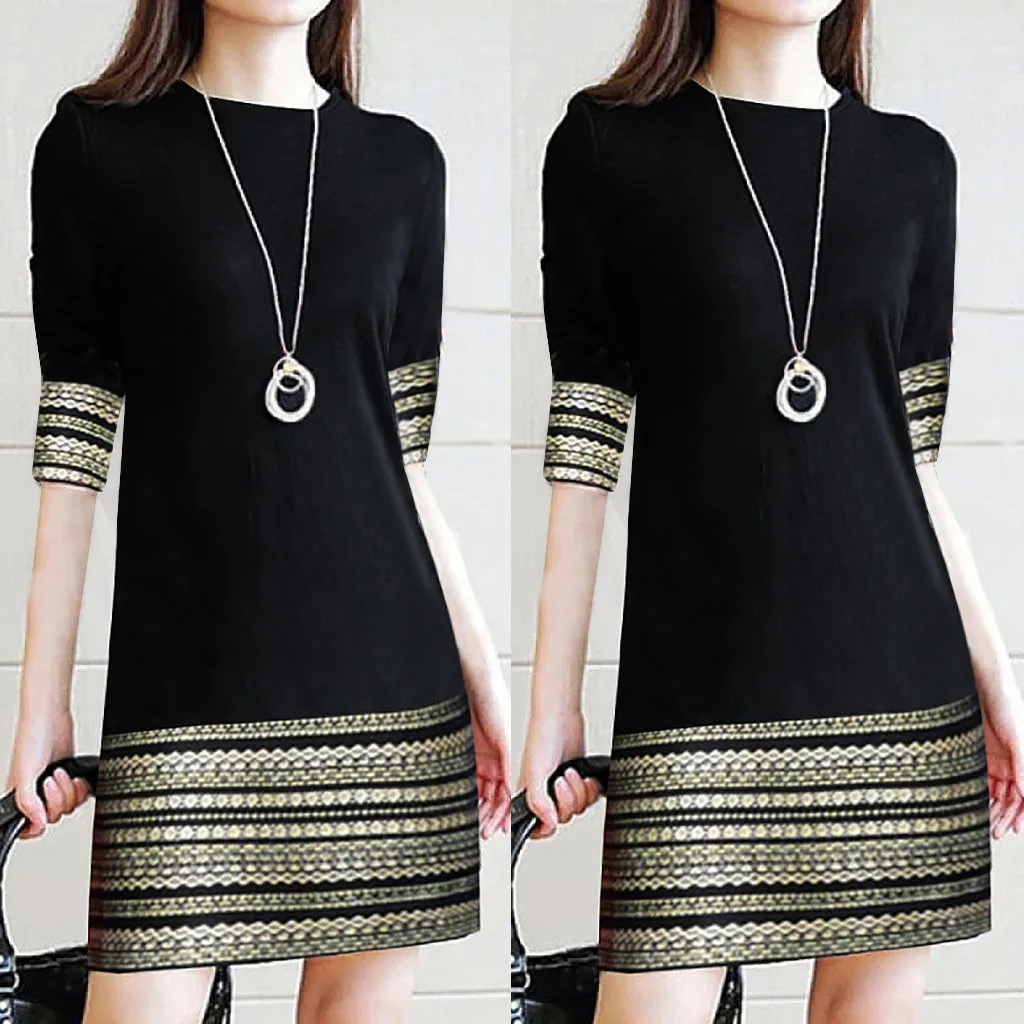 Women Dress Plus Size Fashion Women's Casual Vintage Elegant Splice Middle Dresses Sleeve Easy Mini Dress Sukienka Damska#35