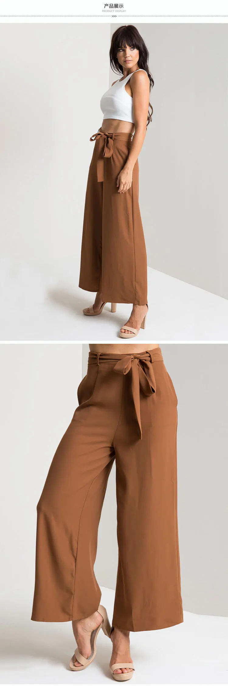 Fetoo 2017 Fashion Women Pants Wide Leg Pants with Belt Ankle-Length Trousers Women Capri Loose Casual Pants S-XL Brown Black -