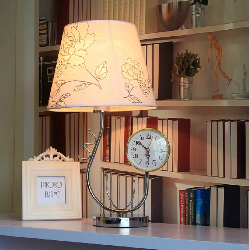 Free shipping bedside table lamp with clock study table lamp with shade