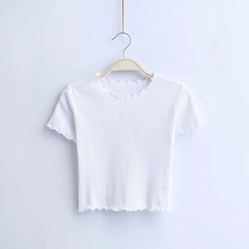 Винтажная футболка с круглым вырезом и короткими рукавами с деревянными ушками, новинка, Женская облегающая футболка, облегающая футболка, летние топы в стиле ретро, 6 цветов - Цвет: Белый