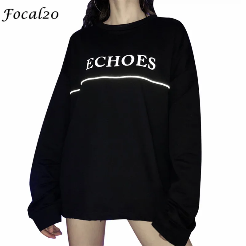 Focal20 Harajuku Reflective Strip Letter Women Sweatshirt