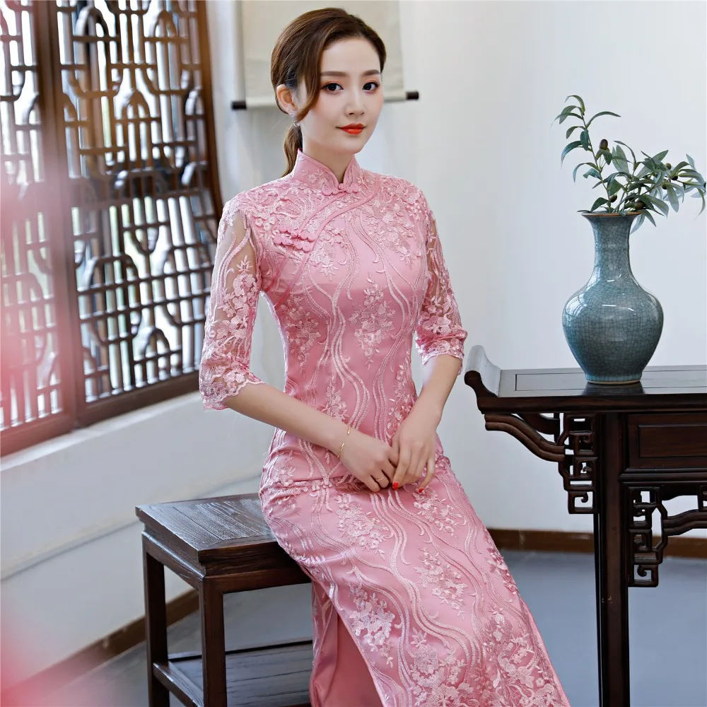 Шанхай история Половина рукава цветок вышивка Cheongsam платья Длинные Красные кружевные Qipao для Для женщин Традиционный китайский свадебное