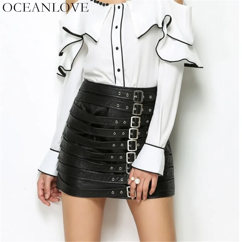 OCEANLOVE ПУ А-силуэт плотная мини-юбка высокая талия молния корейская мода женские юбки осень дизайн черная юбка 10163