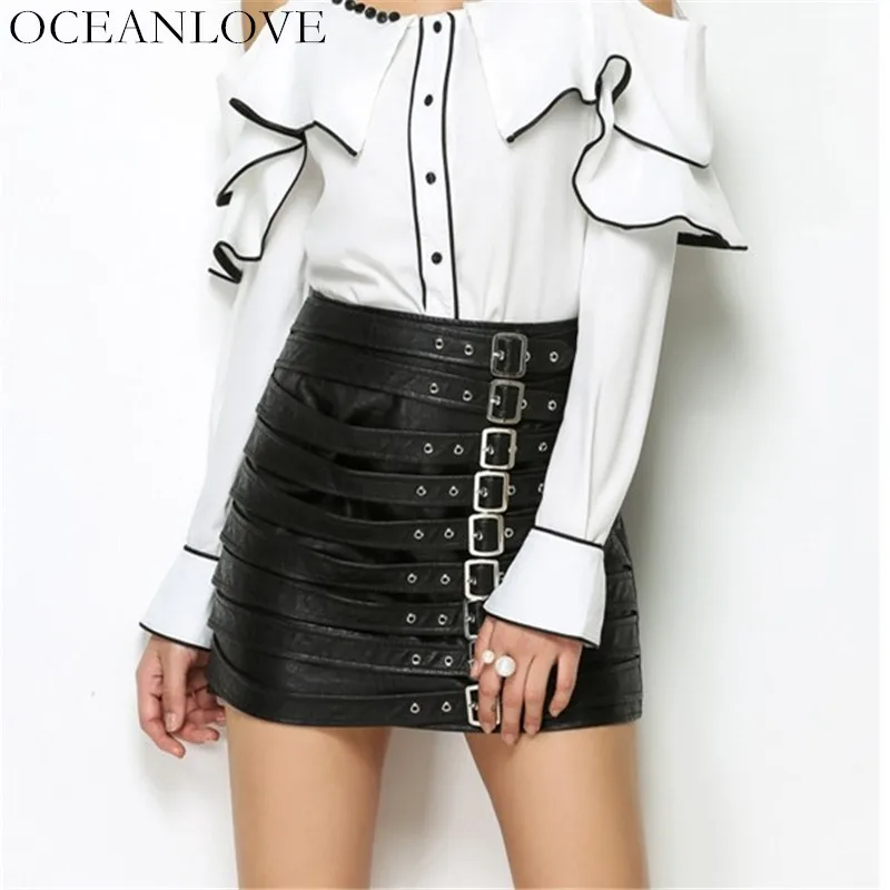 

OCEANLOVE PU A-Line Solid Mini Skirt High Waist Zipper Korean Fashion Women Skirts 2019 Autumn New Design Black Skirt 10163