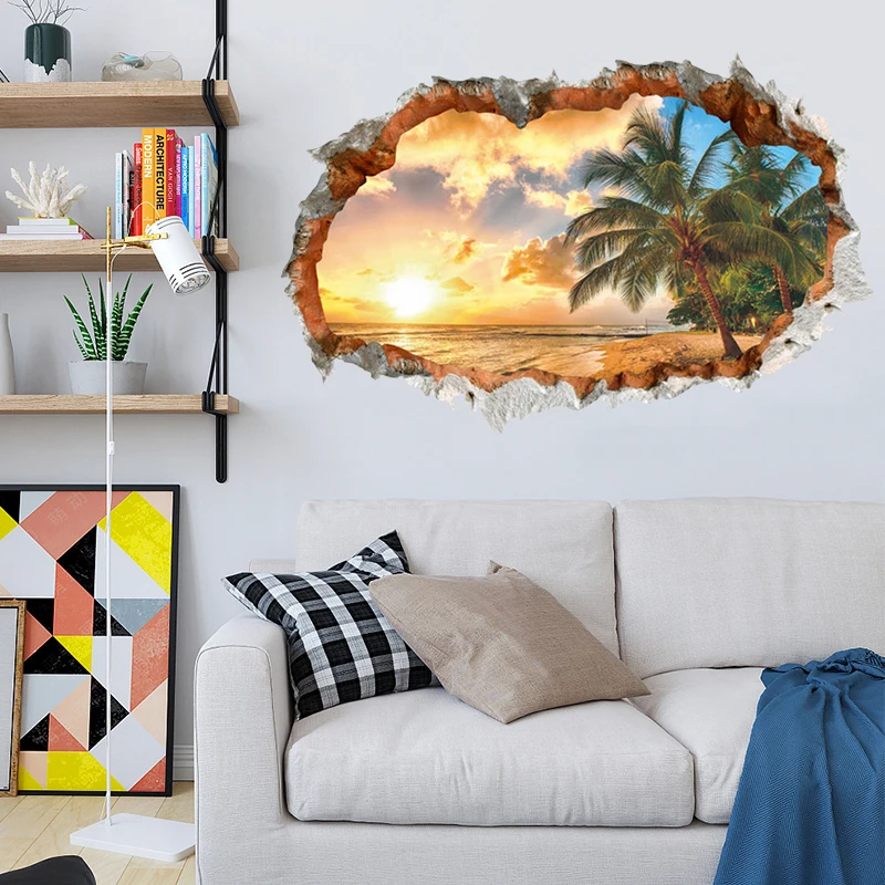 JX-LCLYL Removable Sunshine Beach 3D Window View Wall Art Sticker Vinyl Decal Mural Decor