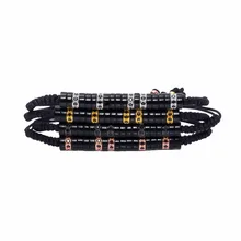 4PCS Anil Arjandas Men Macrame Bracelet Gold Plated Pave Black Micro CZ and Black Wood Stopper Black Rope Braiding Bracelet Gift