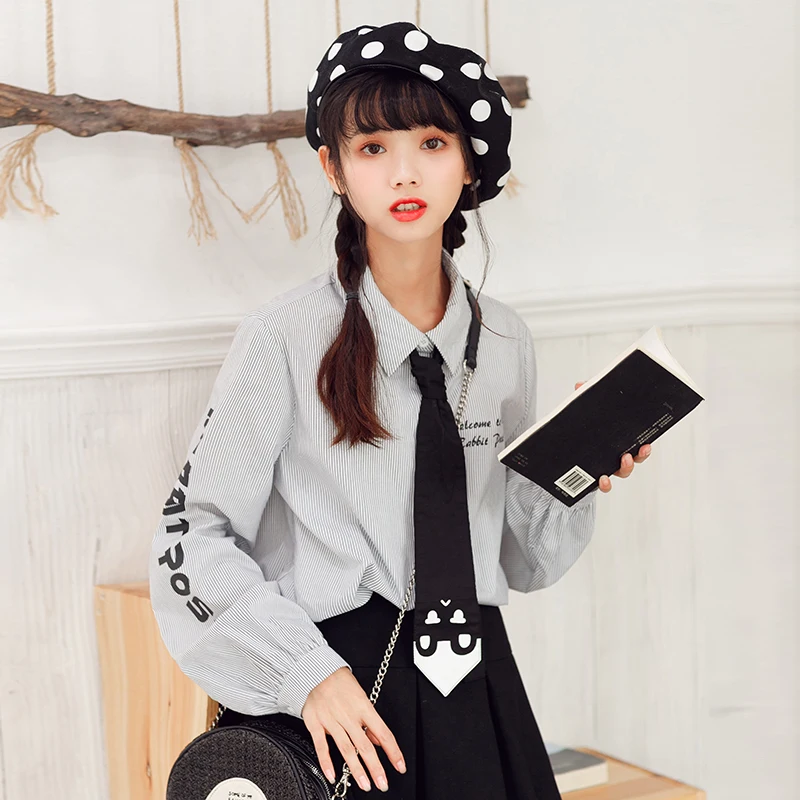 2018 spring long sleeve blouse letters printed harajaku stripe women blouses with tie turn down collar student cotton tops shirt 2018 spring long sleeve blouse letters printed harajaku stripe women blouses with tie turn down collar student cotton tops shirt