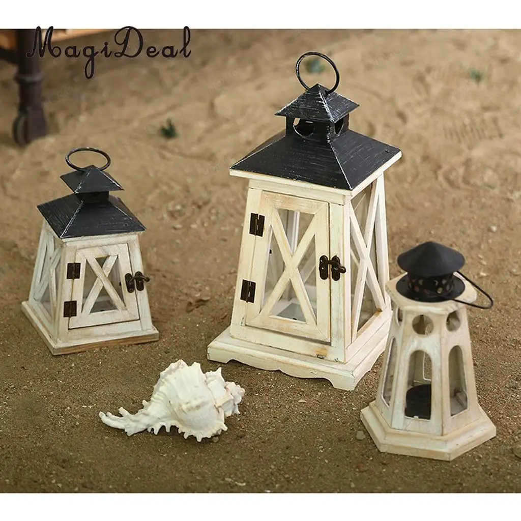 Wooden Lighthouse Light Tower Candle Holder Tea Light Lampshade Tabletop Decor Ornament Carved Handcraft	