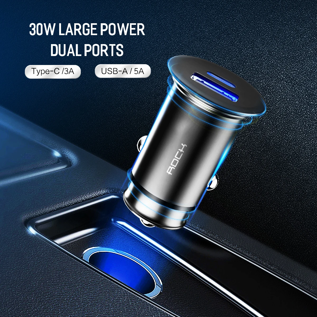 صخرة USB PD QC4.0 3.0 المزدوج USB شاحن سيارة سريعة تهمة المعادن البسيطة SCP VOOC 4 في 1 شاحن سيارة 2 ميناء 30 واط ل فون/سامسونج