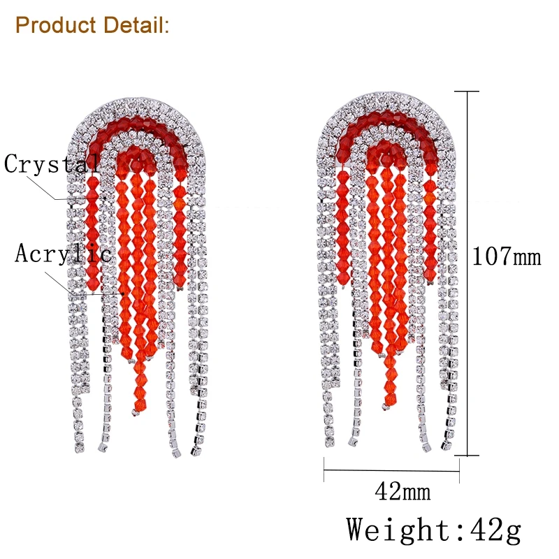 Junlead, новинка, длинные, цветные, с кристаллами, на цепочке, с кисточками, серьги, большие, Роскошные, стразы, массивные, висячие серьги для женщин, свадебные ювелирные изделия