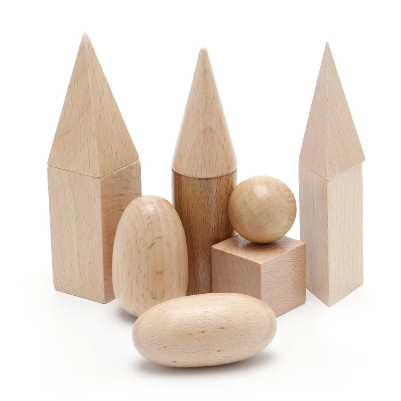 Wooden Geometric Solids 3-D Shapes Montessori Learning Education Math Toys Resources for School Home