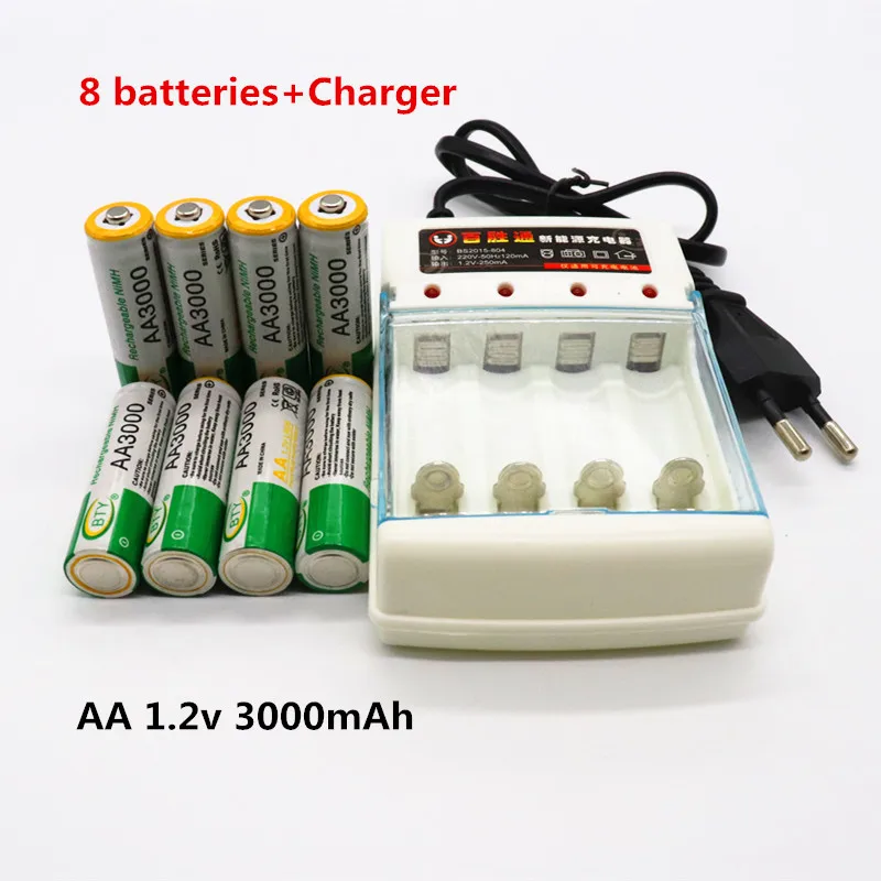 

8 PCS 100% New 1.2V 3000mah AA Battery Ni-MH Rechargeable Battery AA batteries +1PCS Battery Charger For AA/ AAA Cell