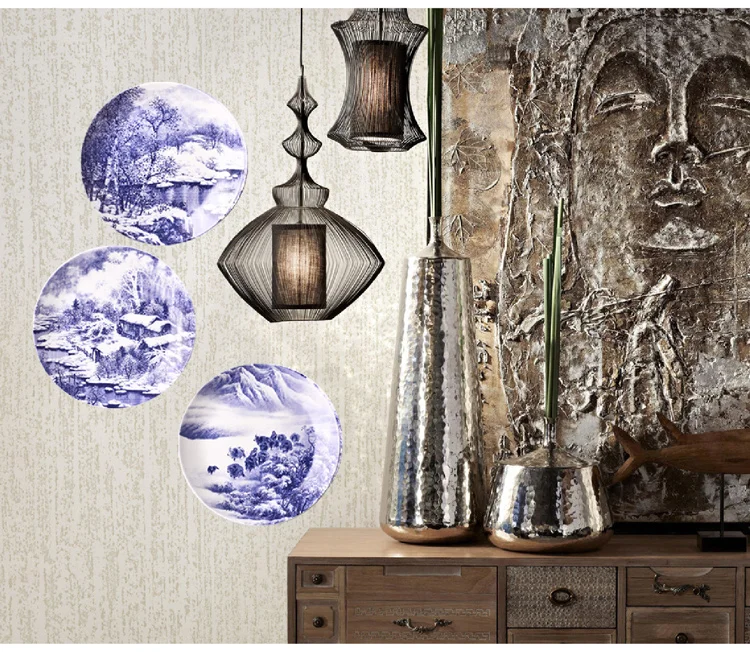 Китайский стиль, синий и белый фарфор, тарелка, украшение на стену, ручная роспись, пейзаж, узор, Настенное подвесное блюдо, ваза для цветов, ремесла