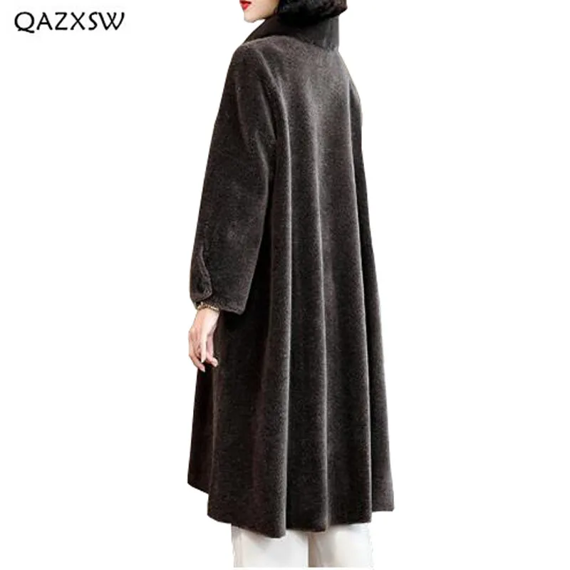 QAZXSW стрижки овец пальто Для женщин бархат Шерсть длинные 2018 новый меховой