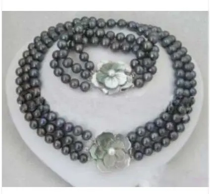 

FREE SHIPPING>>>@@ 3 Rows Real Black Pearl Flower Clasp Necklace Bracelet