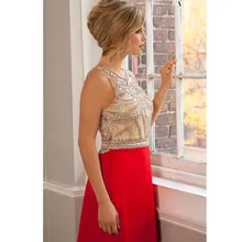 Glänzende Kristalle Abendkleider A Line Sheer Neck Perlen Champagne Oberen Teil Lange Chiffon Formale Kleider Vestido De Festa