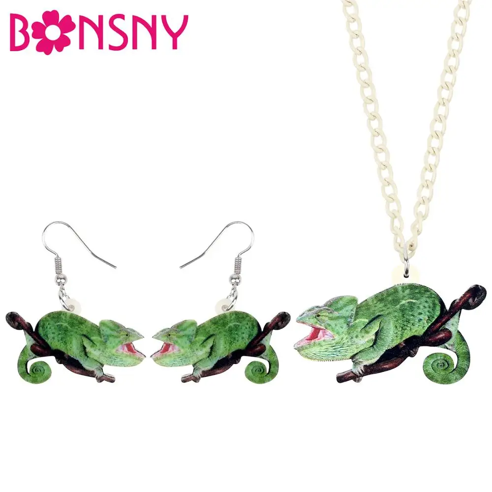 

Bonsny Acrylic Jewelry Set Green Cute Chameleon Necklace Earrings Collar Animal Pendant For Women Girls Charms Lots Gift NE+EA