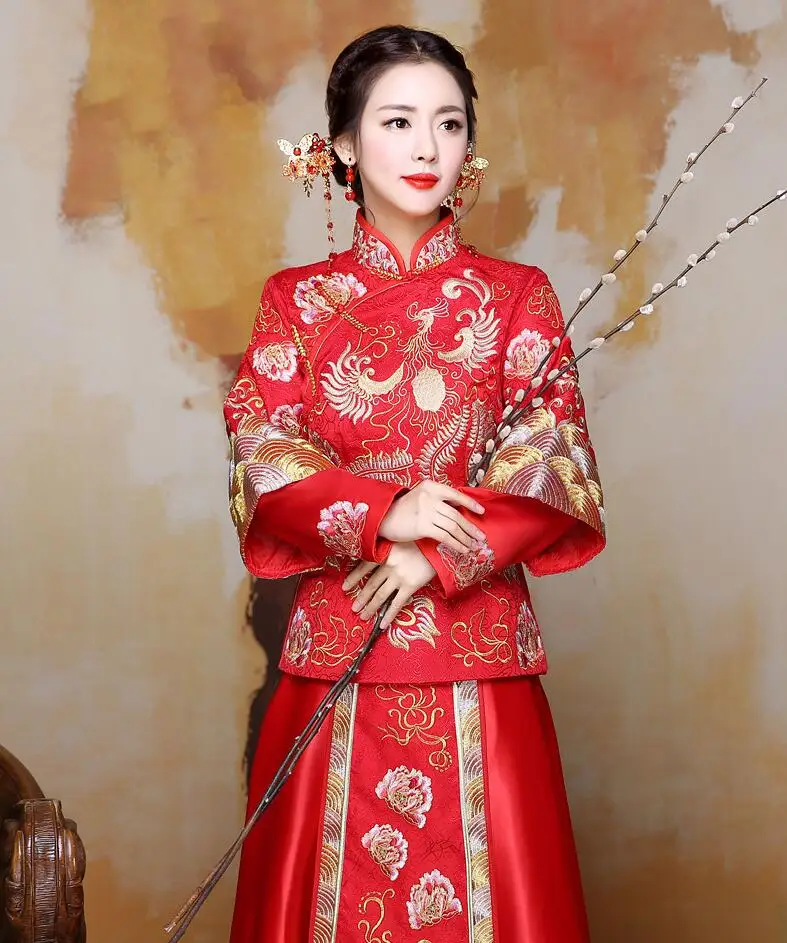 Китайское традиционное свадебное платье Qipao красное платье Чонсам с длинным рукавом вышивка невесты китайский стиль платье Оптовая и