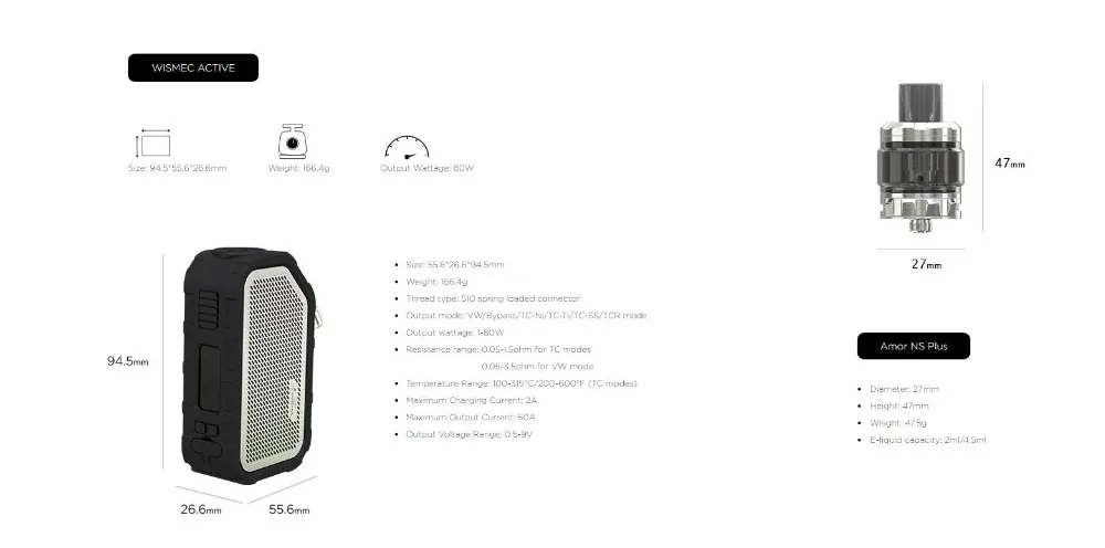 Original Wismec Active Kit 80W Active BOX MOD Vape with 4.5ML AMOR NS Tank with Bluetooth Speaker Waterproof E Cigarette Vaper 01 (1)