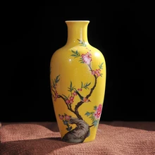 Античный желтый цветной Глазурованный фарфор расписанные вручную цветы птицы вазы предметы домашнего интерьера фарфоровая ваза