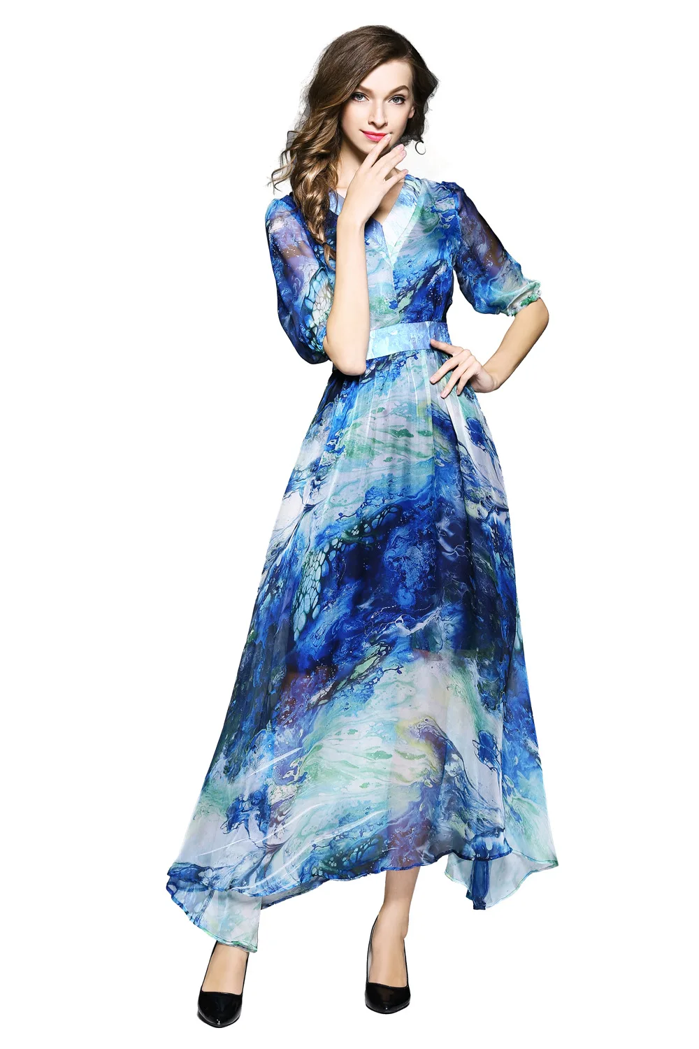 

2019 women's V-neck sleeve printed chiffon dress long Dress 3510 plus size maxi dress sexy dresses party night club dress