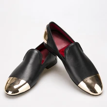 2017 new style Handmade Black Genuine Leather men shoes with front and back gold metal Fashion men slip-on loafers mens shoes we