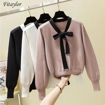 

Fitaylor 2020 Spring Butterfly Collar Knitted Sweater Women With Bow Long Sleeve Sweater Female Casual Tops