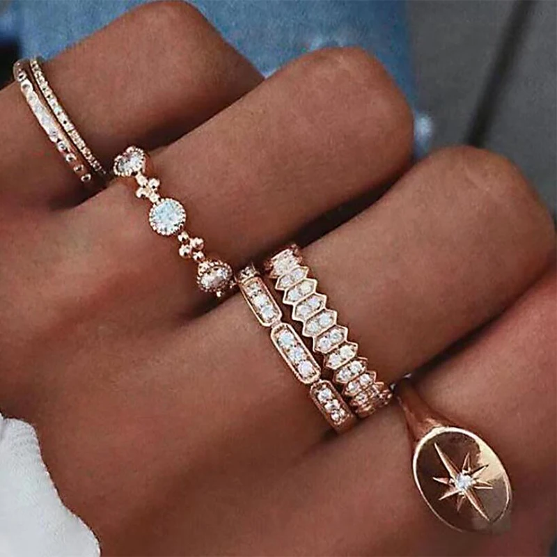 Bohemia Gold Color Crystal Finger Ring Set For Women Girls Cubic Zirconia Geometric Wedding Band Rings Fashion Anillos Bijoux | Украшения и