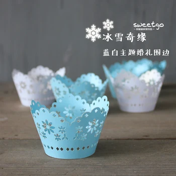 

40pcs Blue & White Themed Wedding Party Cupcake Holder, Snowflake pattern Hollow-carved Pearl paper Cake wrapper, 4 mixed colors