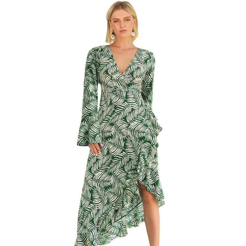 

WHZHM Bohemian Summer Ruffles Printed Sexy Party Sleeve Dress Women Vadim Club Beach Party Jurk Ruffles Sexy V-Neck Dress A-line
