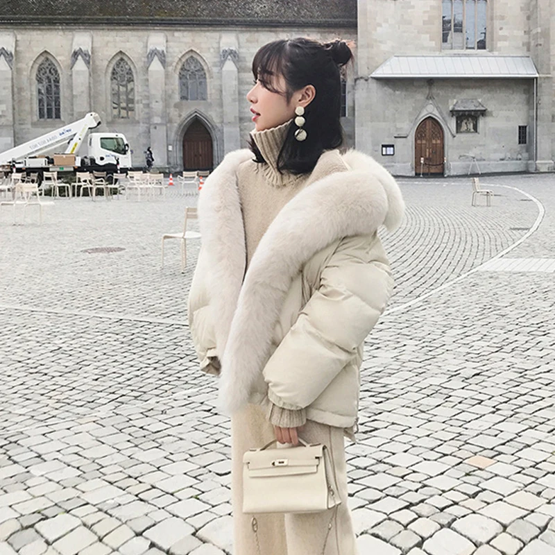 YNZZU 2018 New Winter 90% White Duck Down Coat Women Solid Chic with Large Real Fur Collar Warm Outwears Winter Snow Coat O697