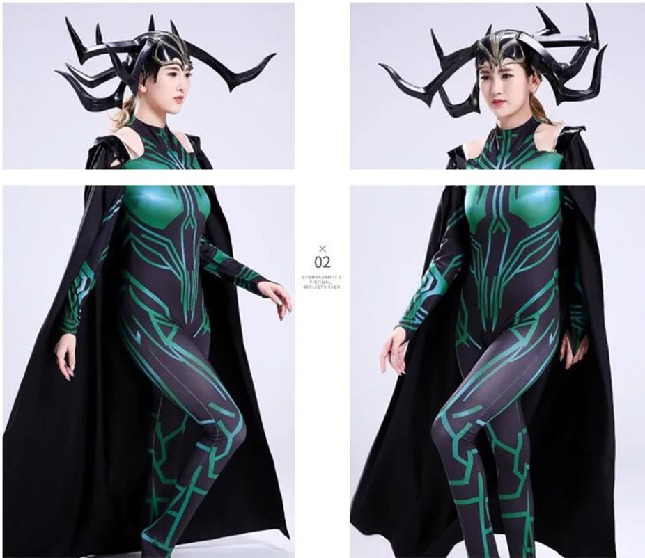 Thor Ragnarok Hela; карнавальный костюм; вечерние костюмы супергероя на Хэллоуин; Zentai; комбинезон для взрослых с накидкой и головным убором