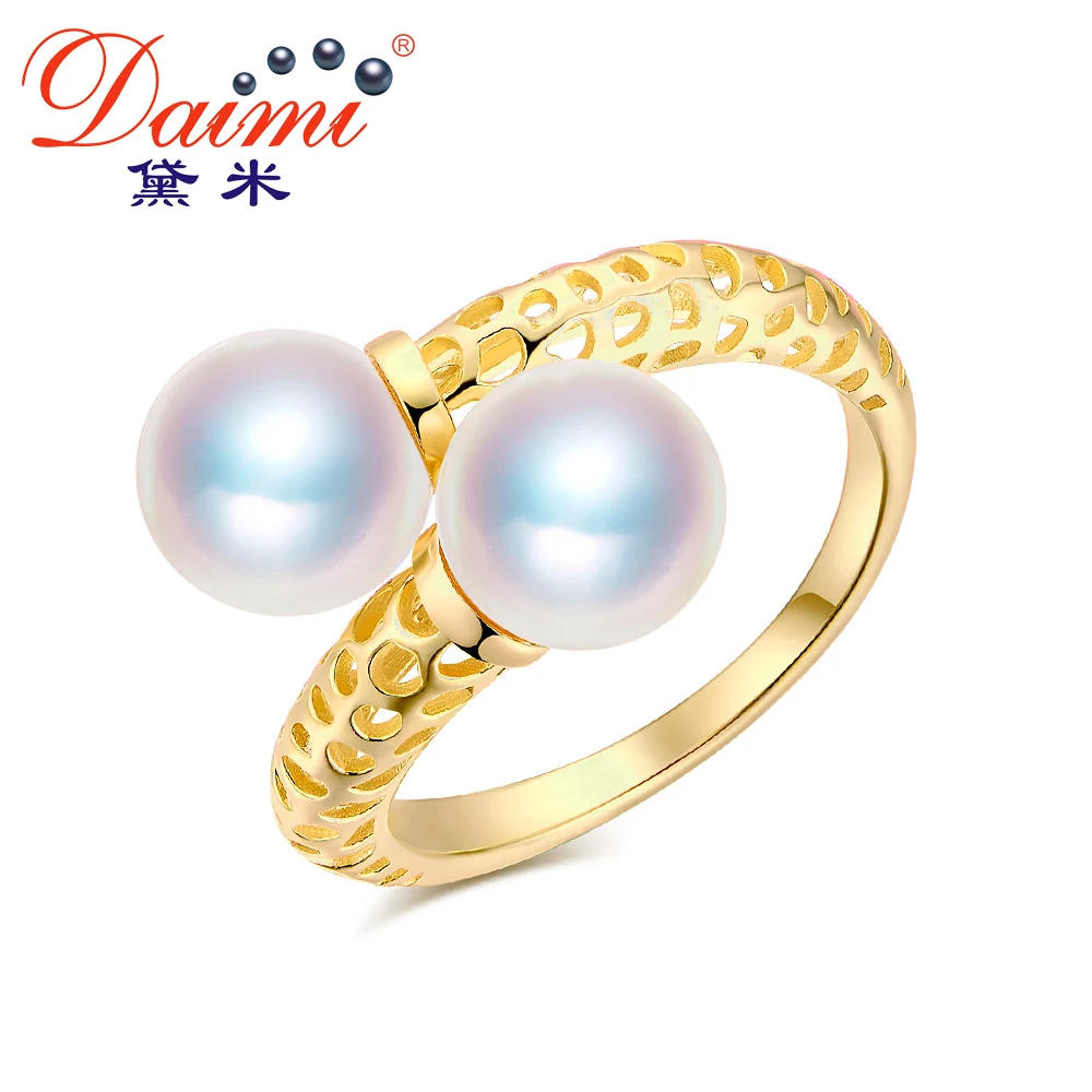 

DAIMI 925 Silver Ring 8-8.5mm Double Pearl Ring Two Pearls Prefectly Round Akoya Pearl Ring Gift Jewelry