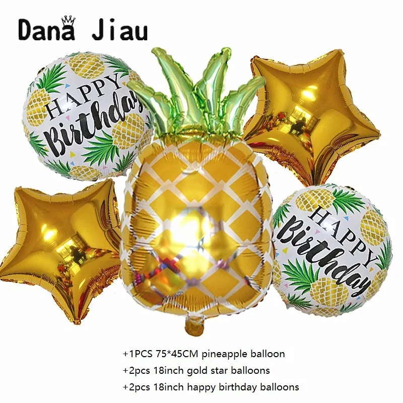 

5pcs Gold Pineapple Fruit Set Balloons Happy Birthday Theme Balloon Holiday Party Decoration Kids Toy Pentagram Auto Seal Ball
