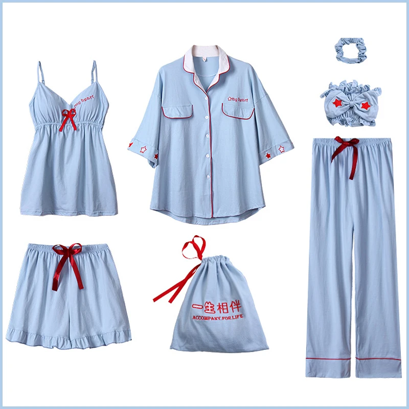 Женские пижамы, 7 шт., хлопок, пижамный комплект, одежда для сна, одежда для сна, костюм для женщин, 7 шт., неглиже, ночное белье, хлопок, пижамы