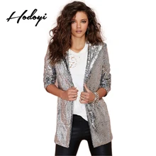 Hodoyi Women Fashion New Solid Silver Sequined Coats Pockets Casual Long Sleeve Outwears Turn-down Collar Cardigan Jacket Blazer
