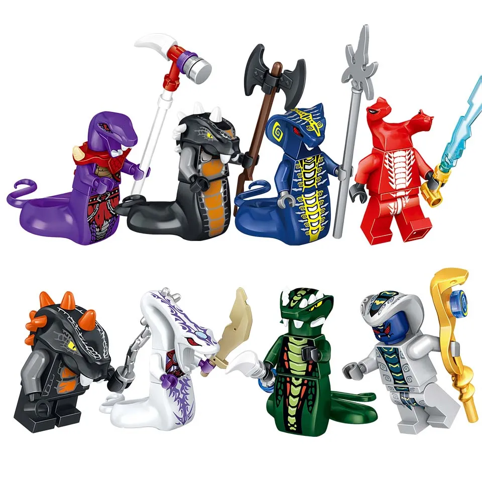 

8PCS/LOT Building Blocks Sets Bricks Snake Acidicus Skales Pythor With Weapons Ninjagoings LegoINGlys Action Figures Kids Toys